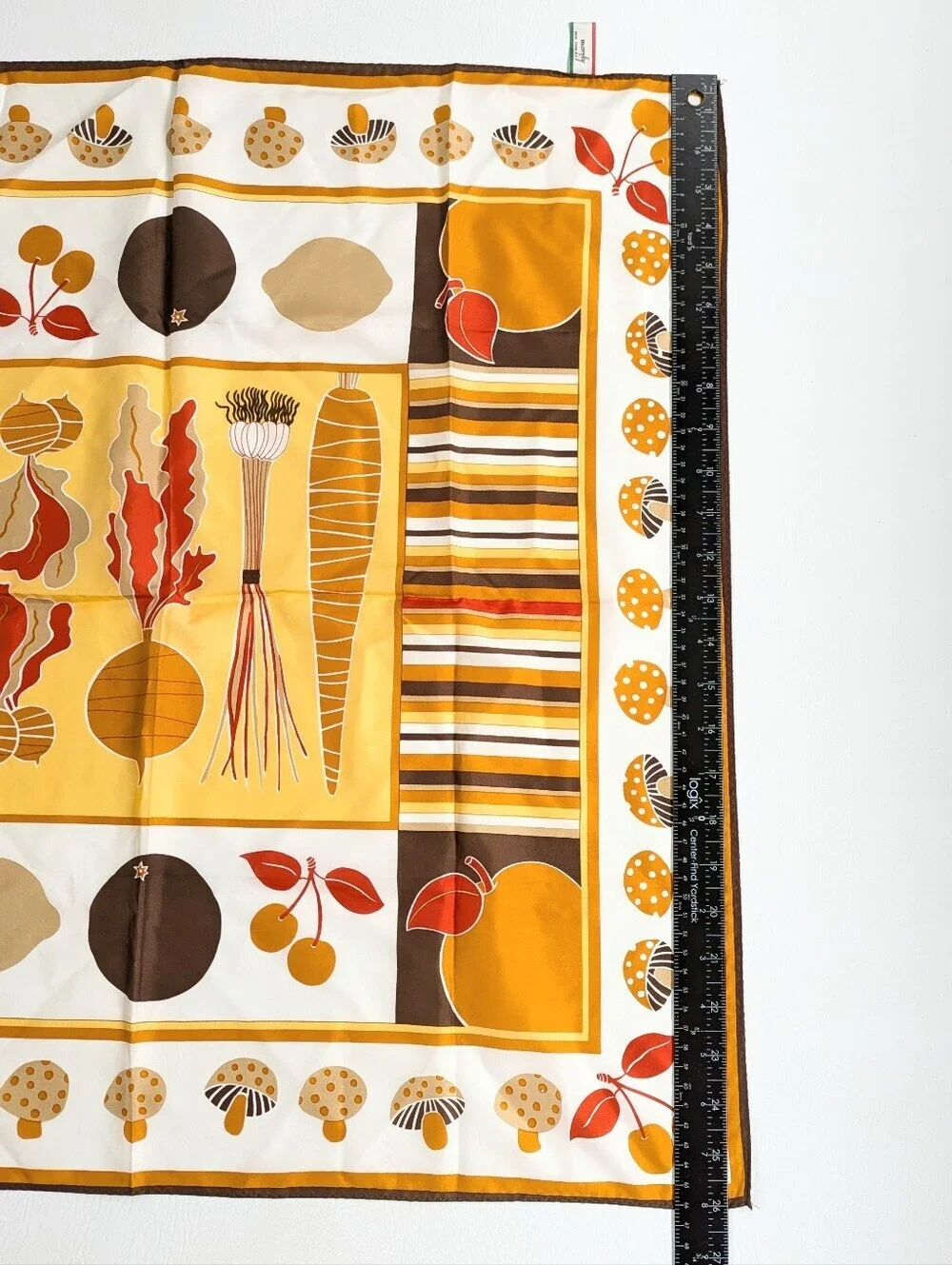 Vtg Morsly NY 70's Mushroom Cherries Vegetable Square Scarf Japan Mod